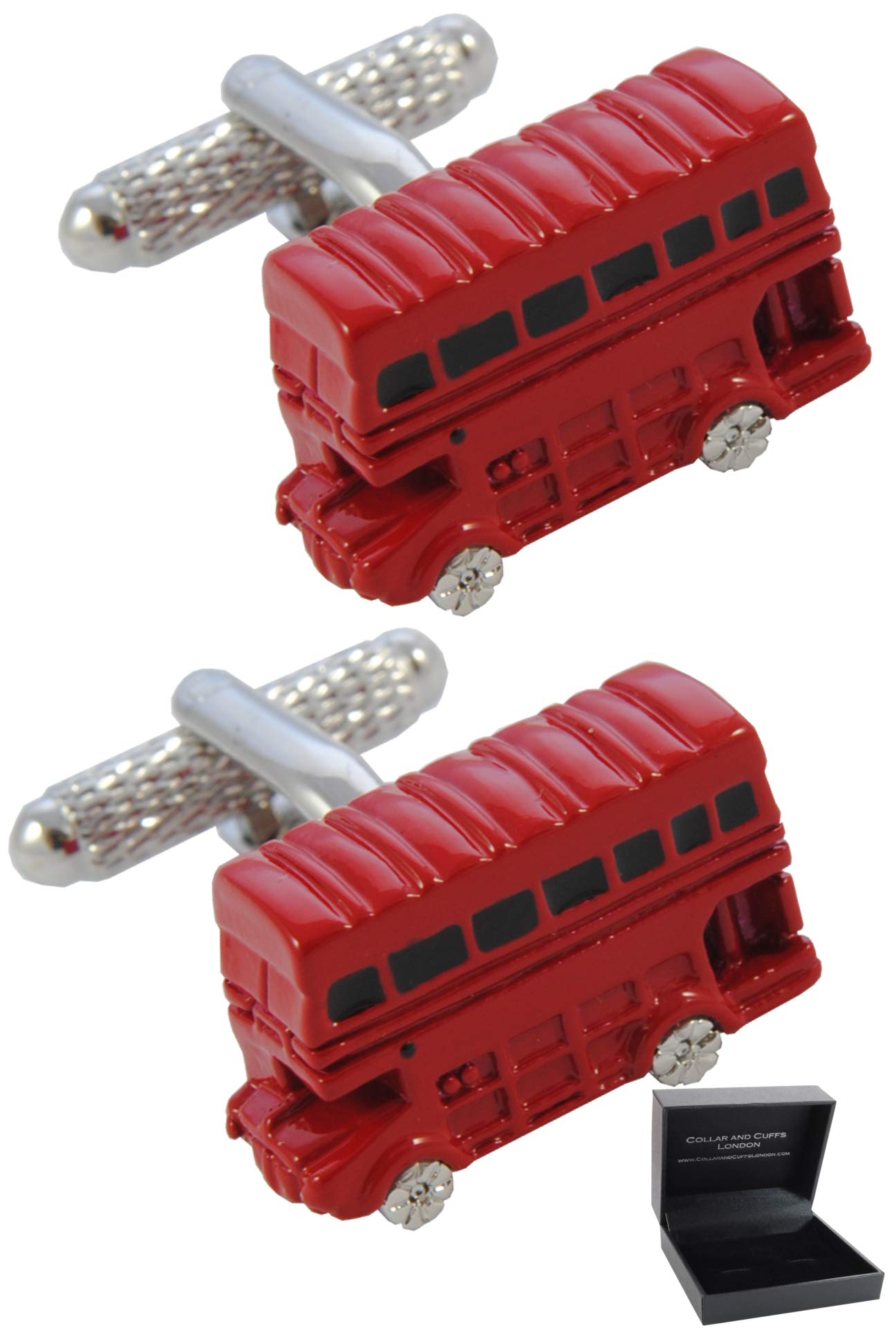 Cufflinks for Men + Presentation Box - Fun - Red London Double Decker Bus - Brass Metal - England British Classic Transport Spotter - One Pair