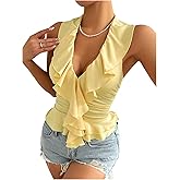SOLY HUX Women's Ruffle Trim Deep V Halter Top Y2k Going Out Sleeveless Slim Fit Tank Shirts