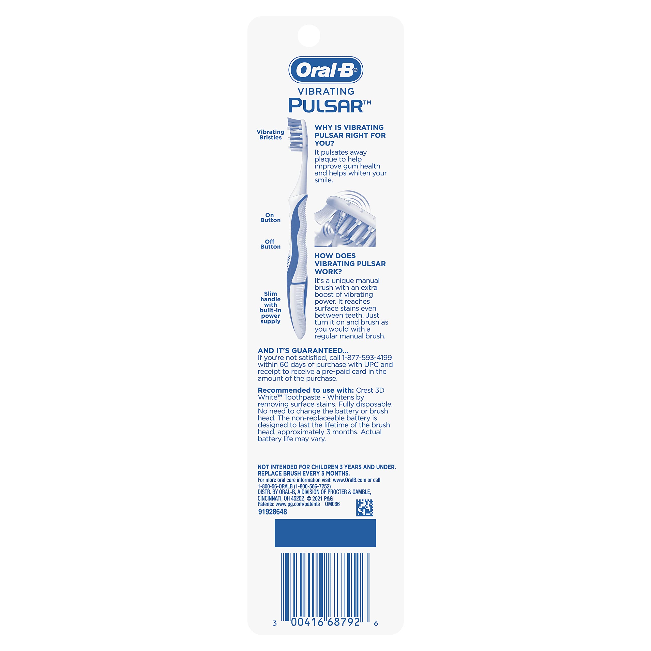 Oral-B Pulsar, Battery Powered 3D White Advanced Vivid Soft Toothbrush Twin Pack, Tooth Brush Pack, Travel Essentials (Colors May Vary)
