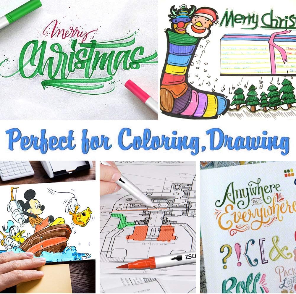 ZSCM Dual Brush Pens Art Markers, 60 Colors Adult Coloring Books Drawing Colored Pens Fine Point Water Based Markers, for Kids School Supplies Note Taking Bullet Journal Sketching