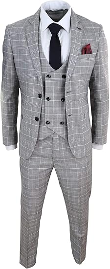 Costume 3 Pièces Homme Gris Noir à Carreaux Gilet Veston