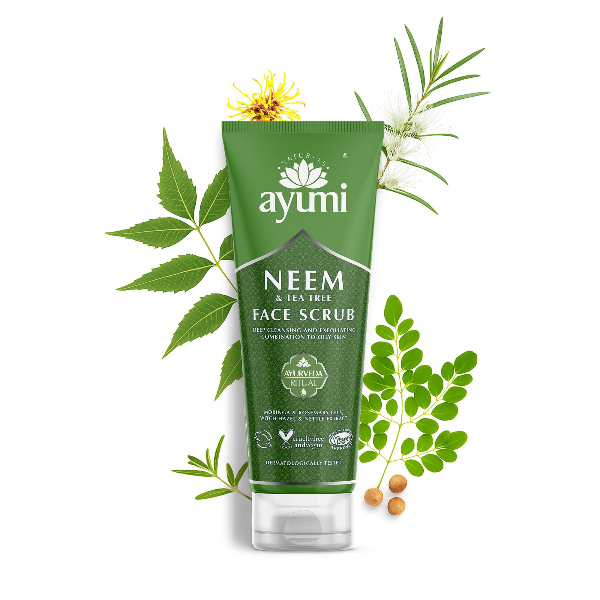 Ayumi Neem Face Scrub for Acne Treatment | Oily Skin Face Scrub with Witch Hazel | Exfoliating Scrub with Tea Tree Oil | Hydrating Scrub with Moringa Oil | Women & Mens FaceScrub | 1x 125ML