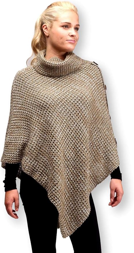 Solid Color Knit Sweater Turtleneck Poncho Shrug for Women
