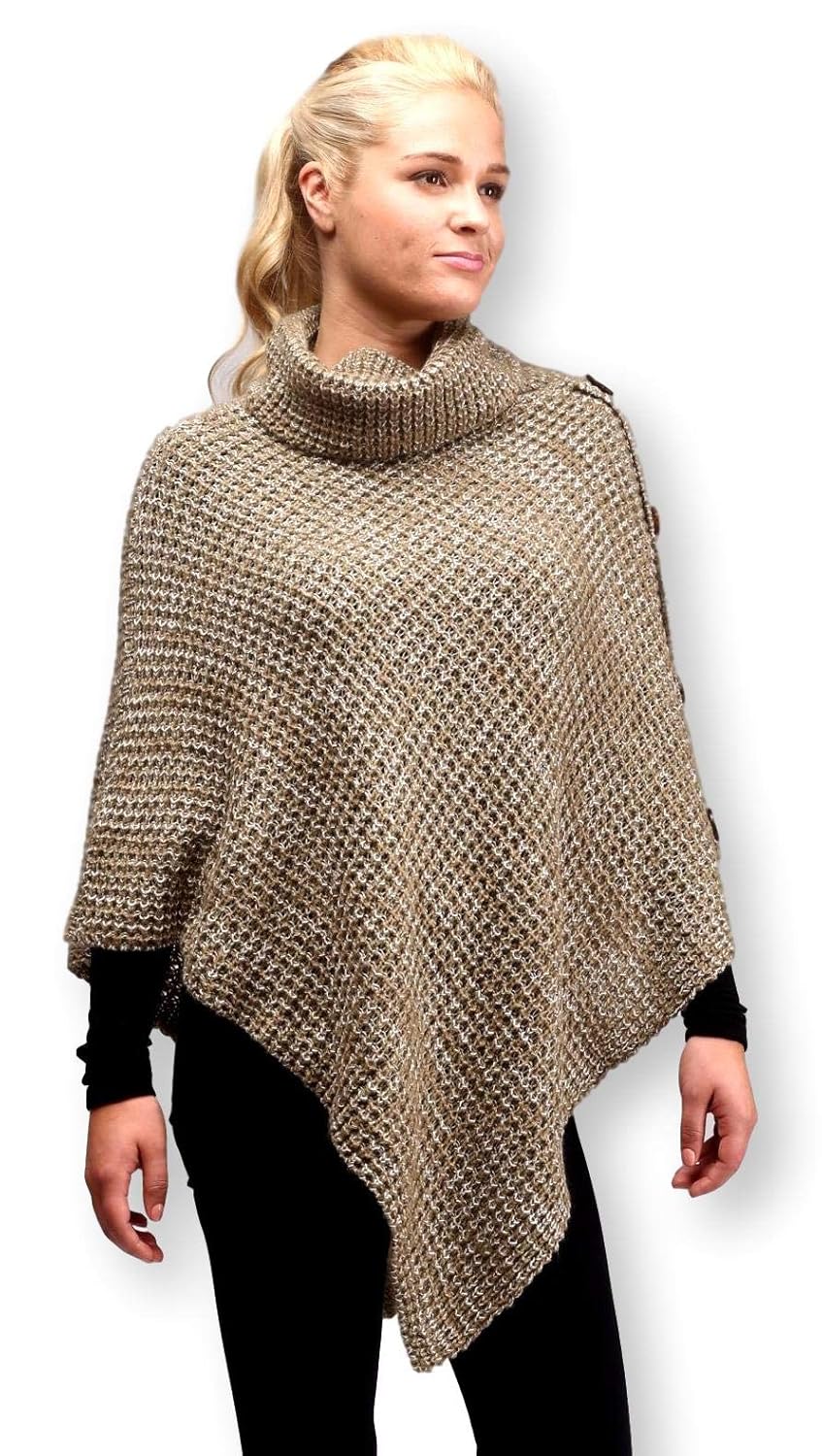 Solid Color Knit Sweater Turtleneck Poncho Shrug for Women