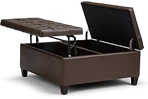 SIMPLIHOME Harrison 36 inch Wide Square Coffee Table Lift Top Storage Ottoman, Cocktail Footrest Stool in Upholstered Chocolate Brown Tufted Faux Leather for the Living Room,