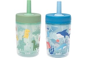 Zak Designs Capri Toddler Tumblers For Travel or At Home, 9oz 2-Pack Double Wall Plastic Sippy Cups With Leak-Proof Design is Perfect For Kids (Dino Buddies, Bubble Bay)