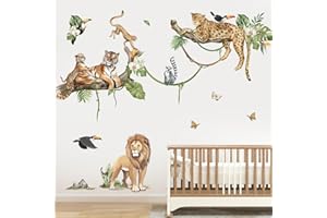 decalmile Large Jungle Animals Tree Branch Wall Stickers Safari Lion Leopard Tiger Wall Decals Baby Nursery Kids Room Playroom Wall Decor (XL)