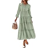 MASCOMODA Fall Long Sleeve Maxi Dresses for Women 2025 Casual Boho Button Ruffle Neck Tiered A Line Flowy Wedding Guest Dress
