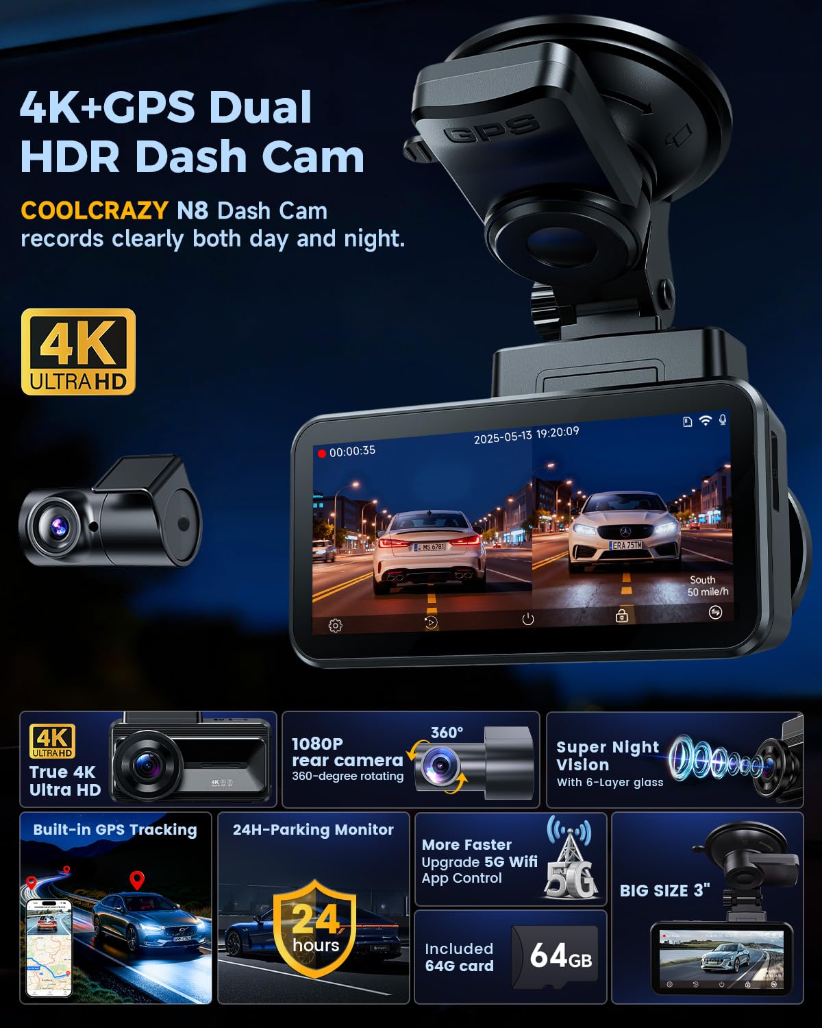 COOLCRAZY Dash Cam Front Rear - 4K+1080P Full HD Dashcam Free 64GB Card, with 5G WiFi GPS, Dual Dash Camera for Cars with 3
