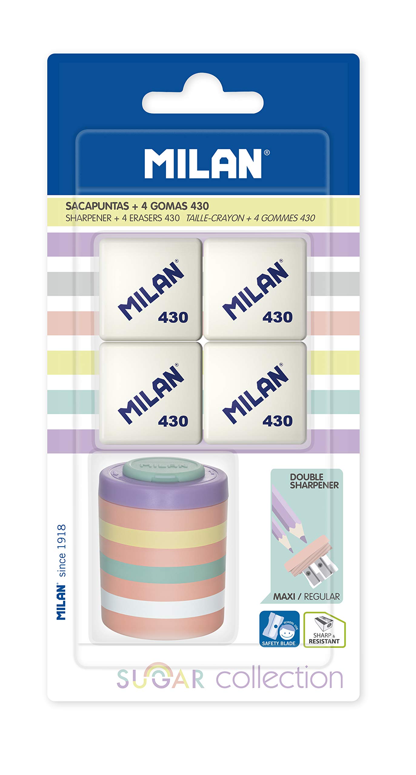 Sharpener Sugar 4 Rubber Milan 430 Blister Pack