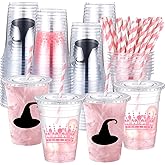 Jingmore 50 Pcs Witch Theme Party Decoration 16 oz Plastic Cups with Lids and Paper Straws for Witch and Princess Themed Birthday Party Favors Supplies