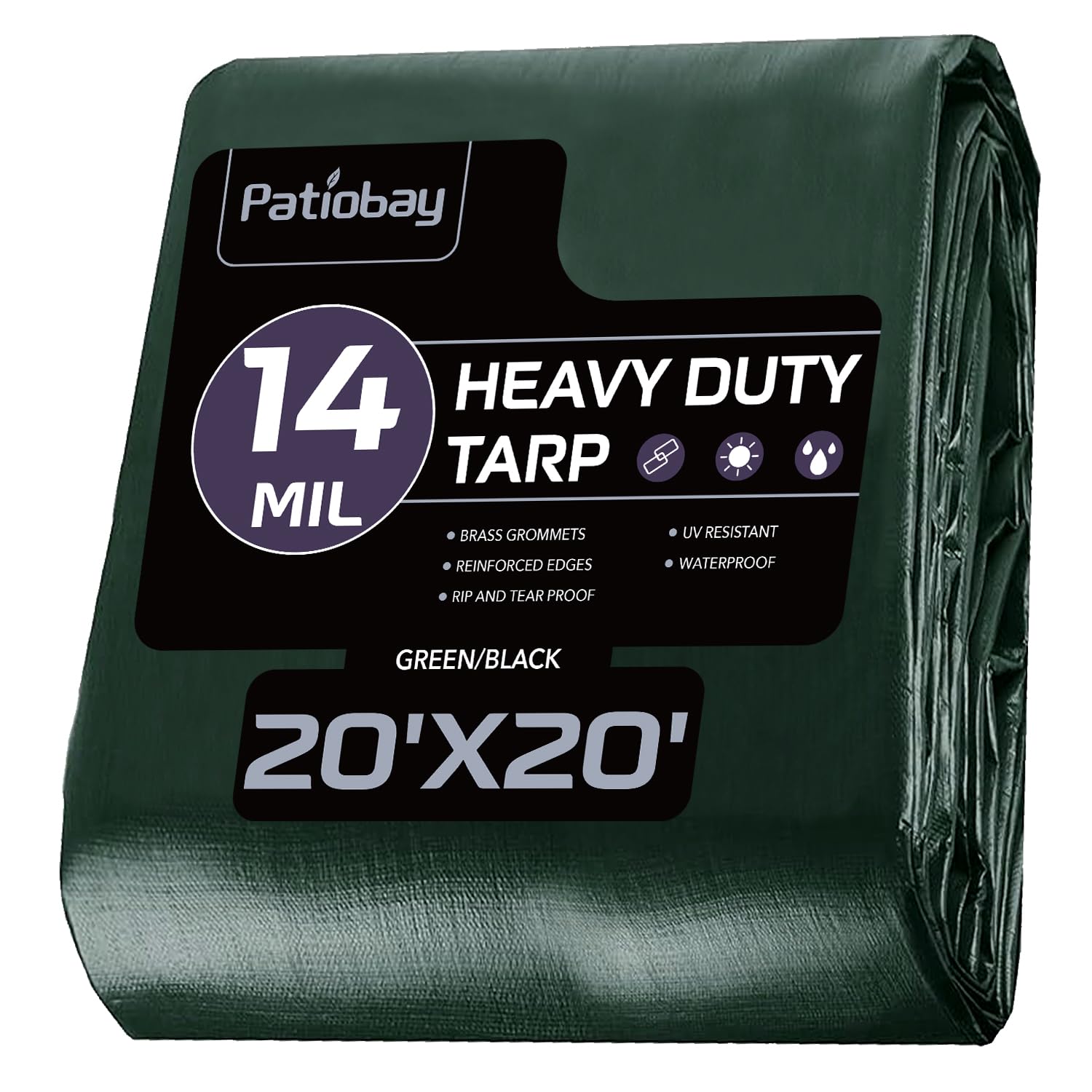 Patiobay Tarp 20x20 Feet, 14 Mil Large Waterproof Tarps Heavy Duty with Brass Grommets, Thick Plastic Tarp, UV Resistant Tear&Fade Resistant, Reinforced Edges for Outdoor Pool Car Camp Tent Image