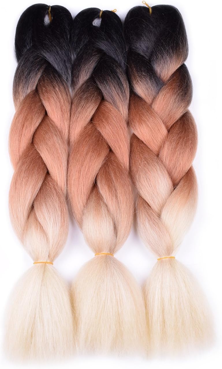 Ombre Braiding Hair (Black/Brown/Blonde 613) 3pcs Jumbo Braid Kanekalon Hair Extension Ombre Colors 3Tone Synthetic Braiding Hair for Box Braids Senegal Twist 24inch