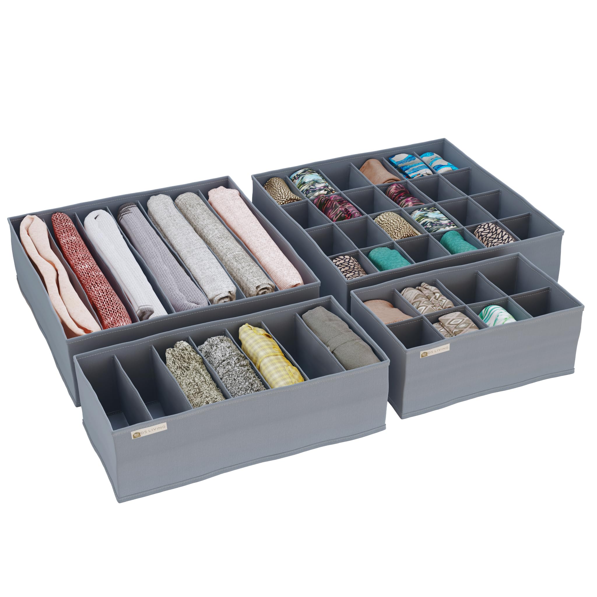 DS Living Folderable Drawer Organisers 4 & 7 Pack Wardrobe Dividers Collapsible Closet Cabinet Organizer Underwear Storage Boxes for Storing Socks, Bra, Grey (Set of 4 Essential)