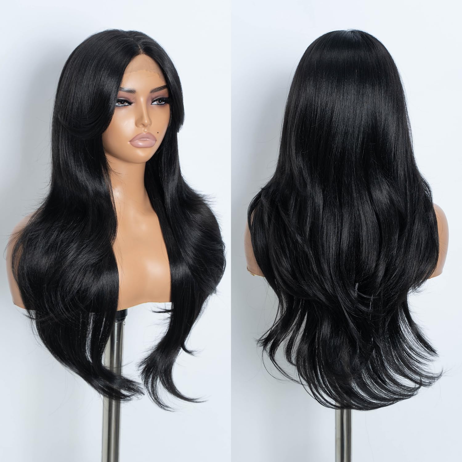 Style Icon Long Layered Wig with Curtain Bangs Synthetic Lace Front Wig 26 inch Black Layered Wave Wig for Women 13x5x1 Middle Part Pre Plucked Heat Resistant Synthetic Wigs for Daily Party Use — image 1