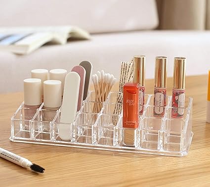 BLAPOXE 24 Slot Acrylic Clear Jewellery Cutlery Makeup Case Lipstick Nail Polish Cosmetic Organizer Rack Stand Vanity Display Box-Transparent