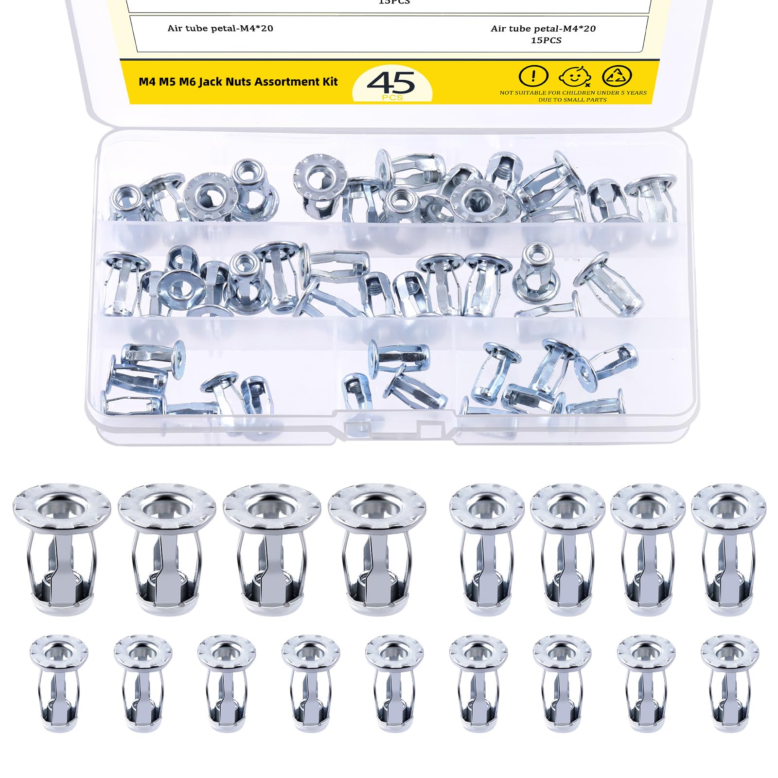 Mardatt 45Pcs M4 M5 M6 Jack Nuts Assortment Kit, Expansion Insert Nuts Petal Nuts Jack Nut Screw Anchor for Hollow Wall Plastic Polywood Pressboard Hardboard (M4/M5/M6- Silver)