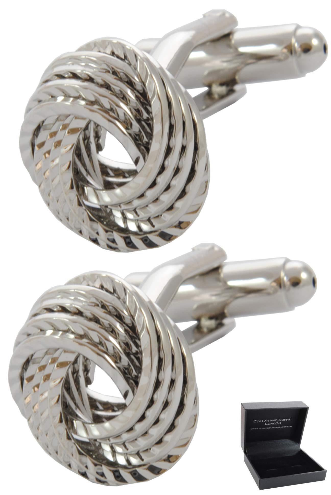 Cufflinks for Men + Presentation Box - Knot - Four Strand Friendship Knot - Brass Metal - Twist Feature Reflects Light Beautifully - Round - Silver Colour - One Pair