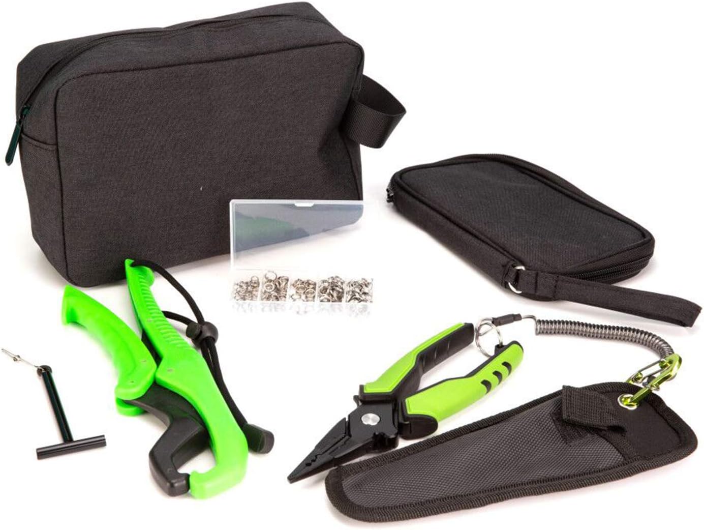 KOTTO Fishing Tool Set 200pcs Split Ring Lure Tackle Connector with Fishing Pliers Portable 9 Inches Fishing Lip Gripper and 3 Inches Tippet Spool Holder with Carrying Bag
