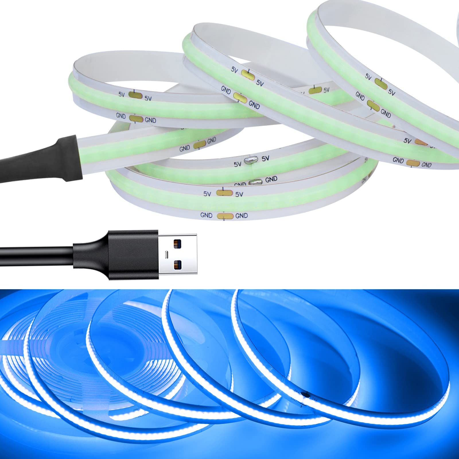 RYE USB Powered 5V COB LED Strip Light, 2.5M*320LEDs/M Blue Soft Dotless Tape Light for TV/Monitor/Under Cabinet Kitchen/Wardrobe/Stairs Step Background Ambient DIY Lighting[Strip ONLY]