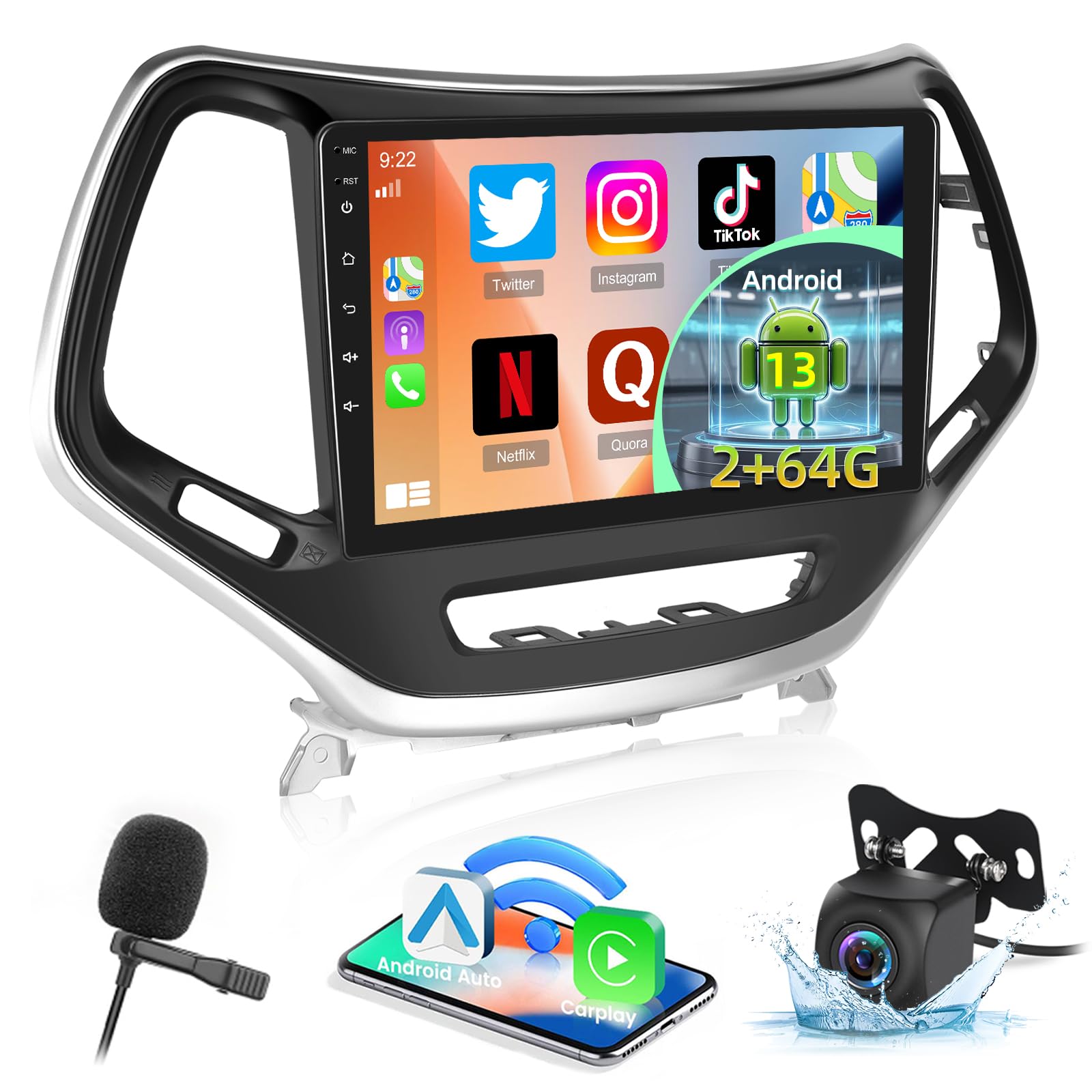 Photo 1 of 2+64G for Jeep Cherokee 2013 2014 2015 2016 2017 2018 Android Car Stereo - Wireless Carplay & Android Auto - 10.1 Inch Touchscreen Radio with EQ DSP, WiFi, GPS, Split Screen + AHD Rear View Camera