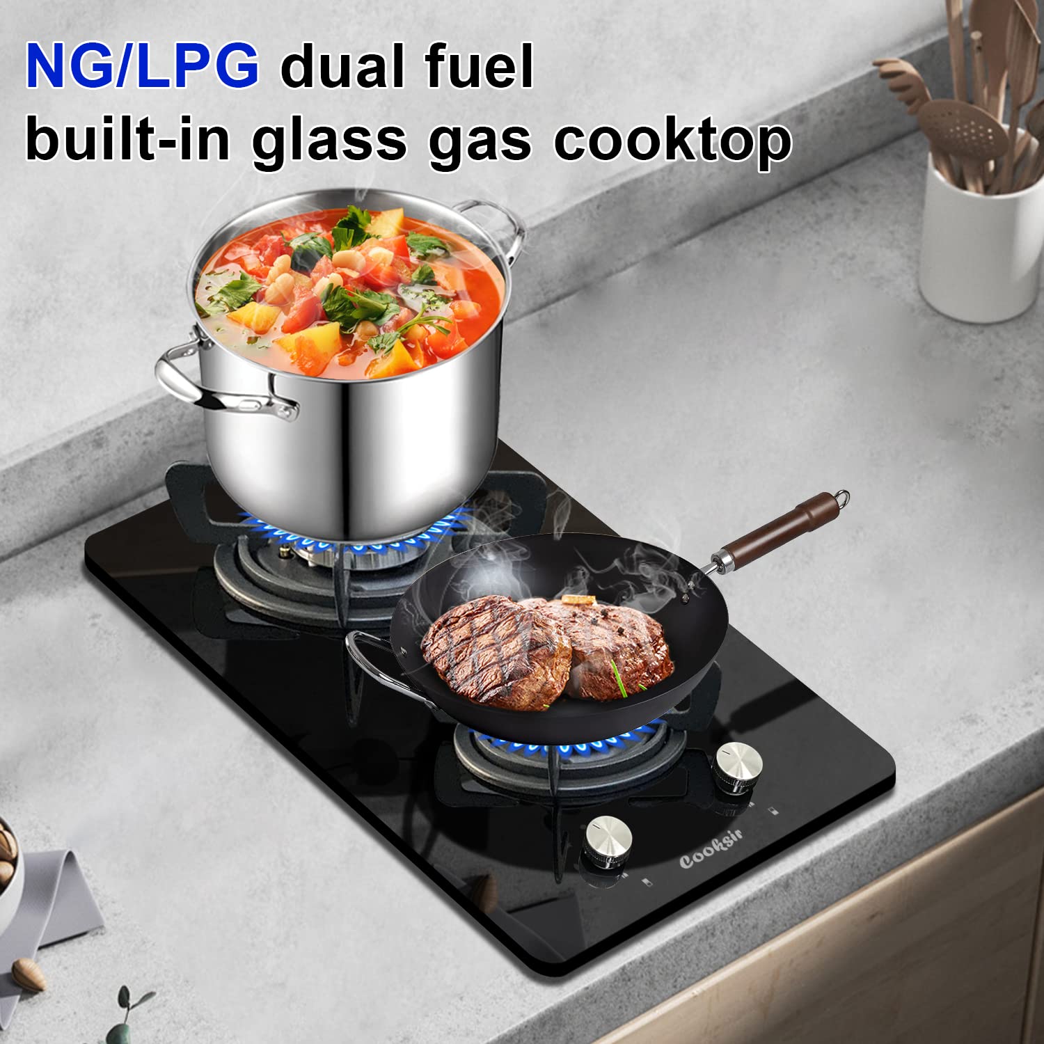 Cooksir 12 inch Gas Stove, 2 Burners Propane Cooktop Bulit-in, Indoor Cooktop Suitable for Dual Fuel LPG/NG, Tempered Glass Gas Stove Top for Kitchen, Apartment, Indoor, 110-120V Plug in