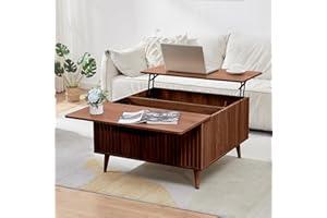 VAXZOFI Lift Top Coffee Table with Storage, 35“Square Coffee Tables with Lifting Top and Hidden Compartment, Mid Century Modern Fluted Center Table for Living Room, Home Office, Studio, Walnut