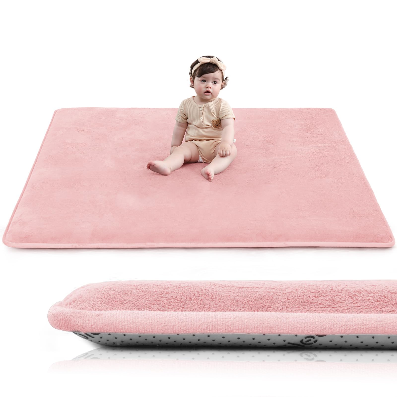 Huloo Sleep Baby Play Mat for Floor,Large 79"×79" Playpen Mat for Toddler,Infant,Kids,1.3" Thick Non-Slip Nursery Rug,Water Repellent Soft Padded Activity Mats for Tummy Time, Crawling,Playroom（Pink） Image