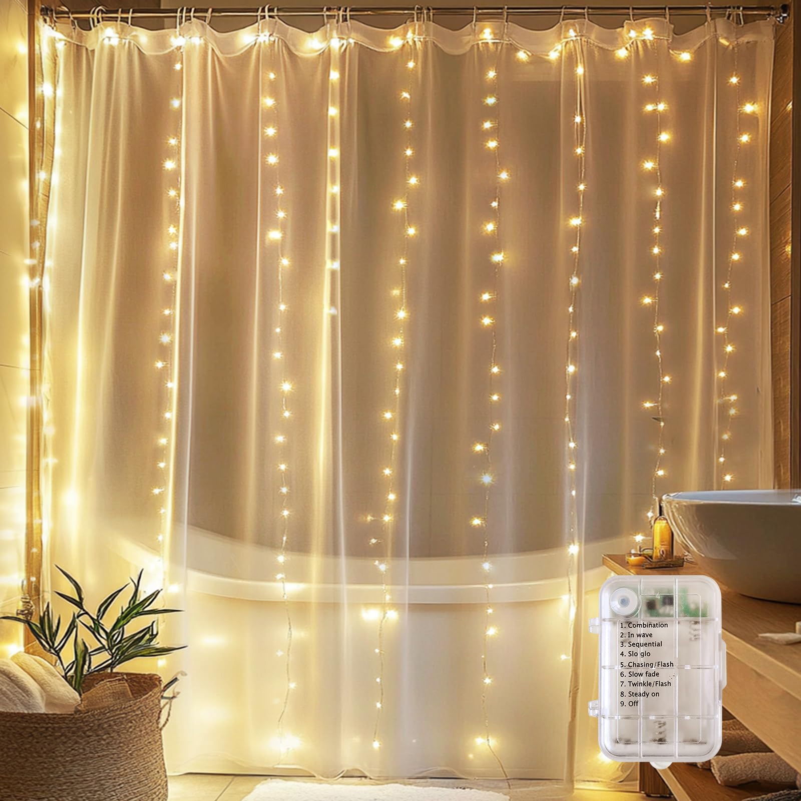 Photo 1 of HOLITS Fairy Lights for Shower Curtains, Waterproof String Lights for 72 x 72 Inches Shower Curtains Battery Operated Warm White Curtain Lights for Bathroom, 180 LEDs Indoor Outdoor Decor (NO CURTAIN)