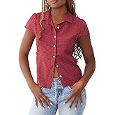Women Y2k Gingham Tops Button Down V Neck Plaid Cap Sleeve Shirt Slim Fit Top Blouses