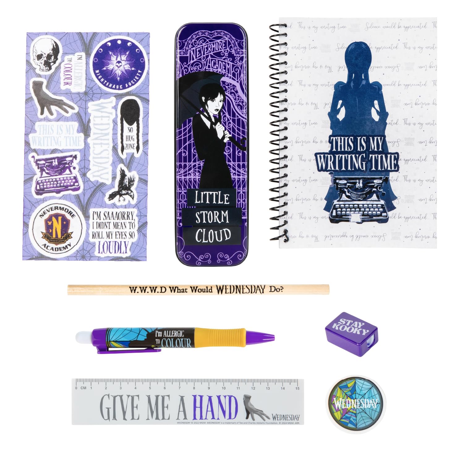 Blue Sky Studios Wednesday Stationery Pack, Licensed Writing Supplies Merchandise Gift, Notebook, Colour Pencils, Pen, Pencil Tin, Pencil Sharpener, Eraser