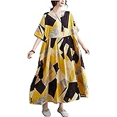 ENGLUCK Women Plus Size Color Block Dress Geometric Block Print Round Neck Side Pockets Casual Loose Dresses