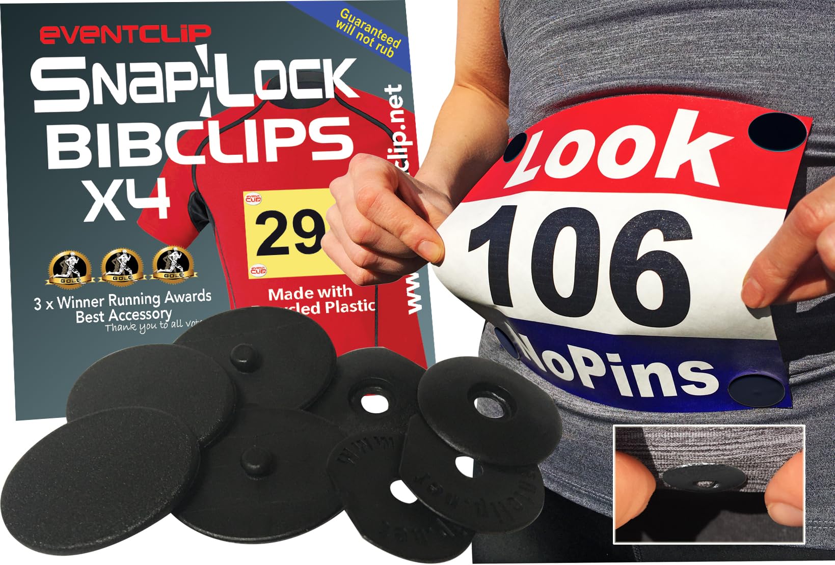 EventClip Marathon Bib Clips x 4 BLACK. Proven Snap-Lock for Securing Running and Cycling Numbers. Made in the UK with Recycled Plastic. Since 2009 Far better than Magnets. Fed up with Safety Pins?