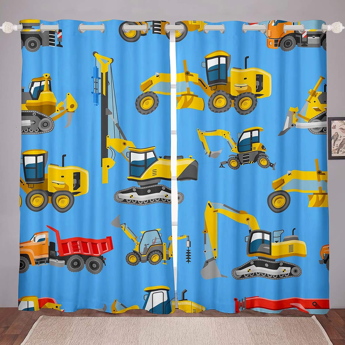 Construction Curtains for Bedroom Living Room Cartoon Excavator Printed Curtains for Kids Boys Girls Heavy Machine Truck Windows Drapes Vehicle Curtains,Blue,W46*L72 — image 1