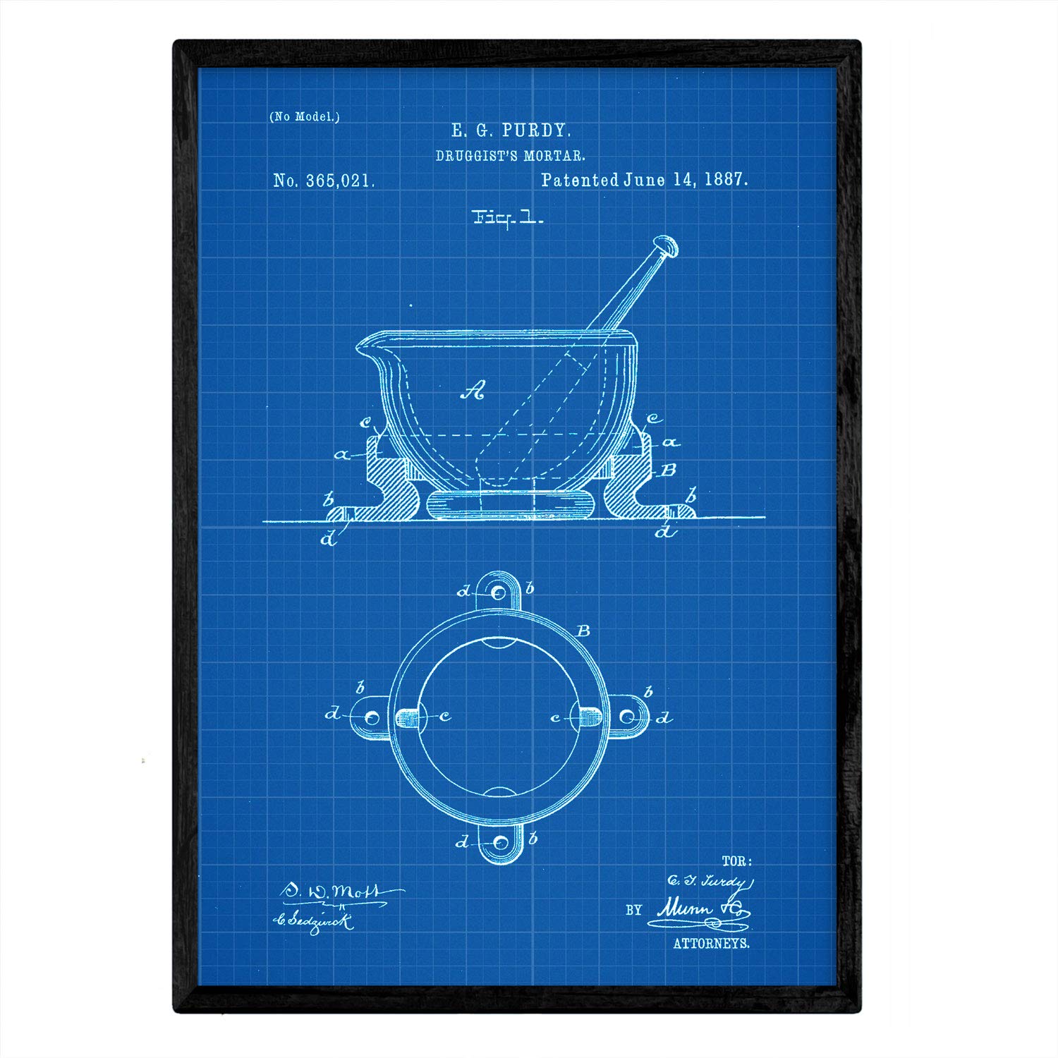 Nacnic Poster patent pharmacy mortar. Sheet with old design patent A3 size with blue background