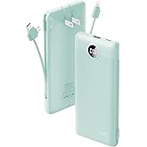 VRURC Portable Charger Built-in Cables and AC Wall Plug, USB C Power Bank 10000mAh, Travel Battery Portable Phone Charger Compact Lightweight External Battery Pack for Smart Phones, Tablets etc-Green