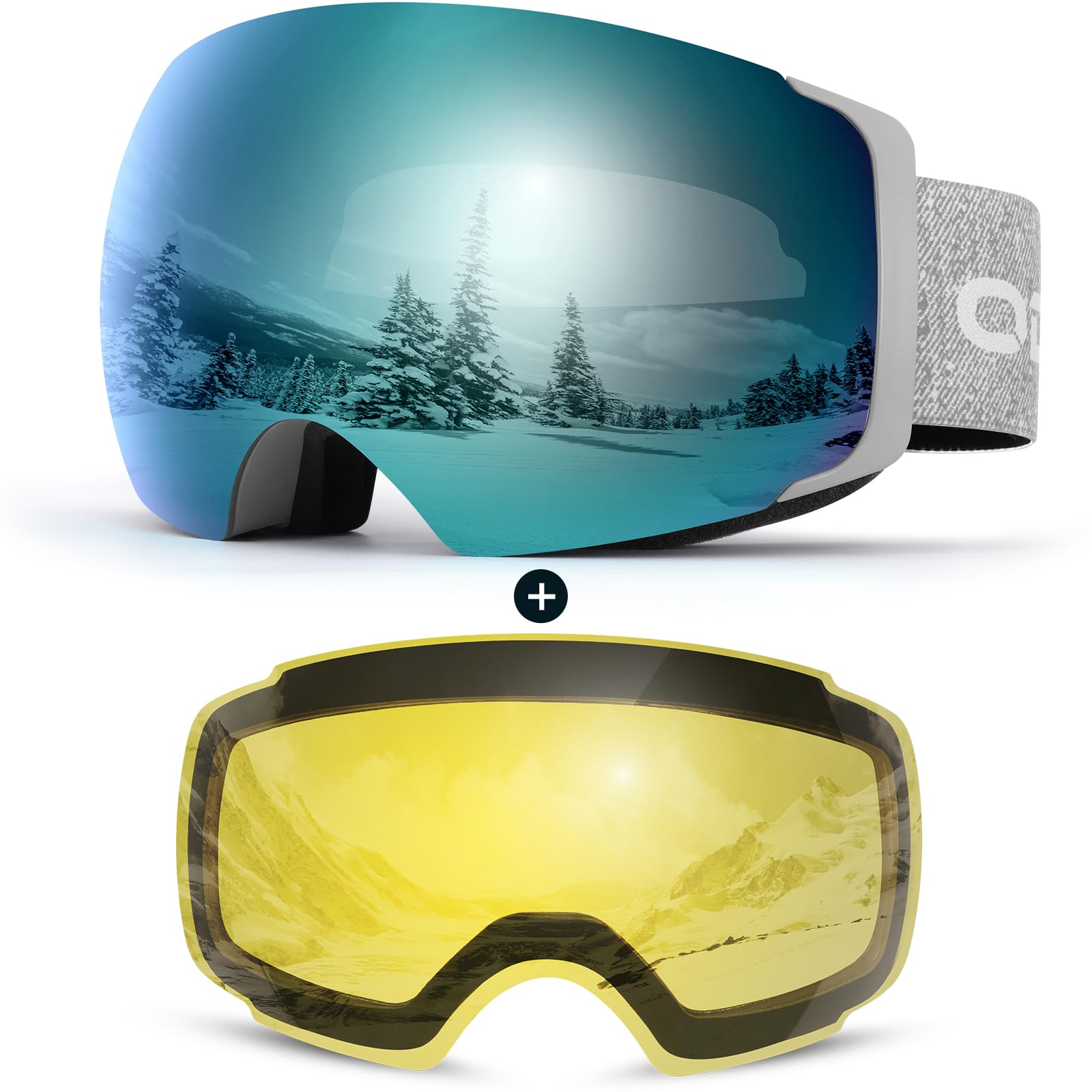 Odoland Magnetic Interchangeable Ski Goggles with 2 Lens, Large Spherical Frameless Snow Snowboard Goggles for Men Women, Gray frame light blue lens, vlt 15% Image
