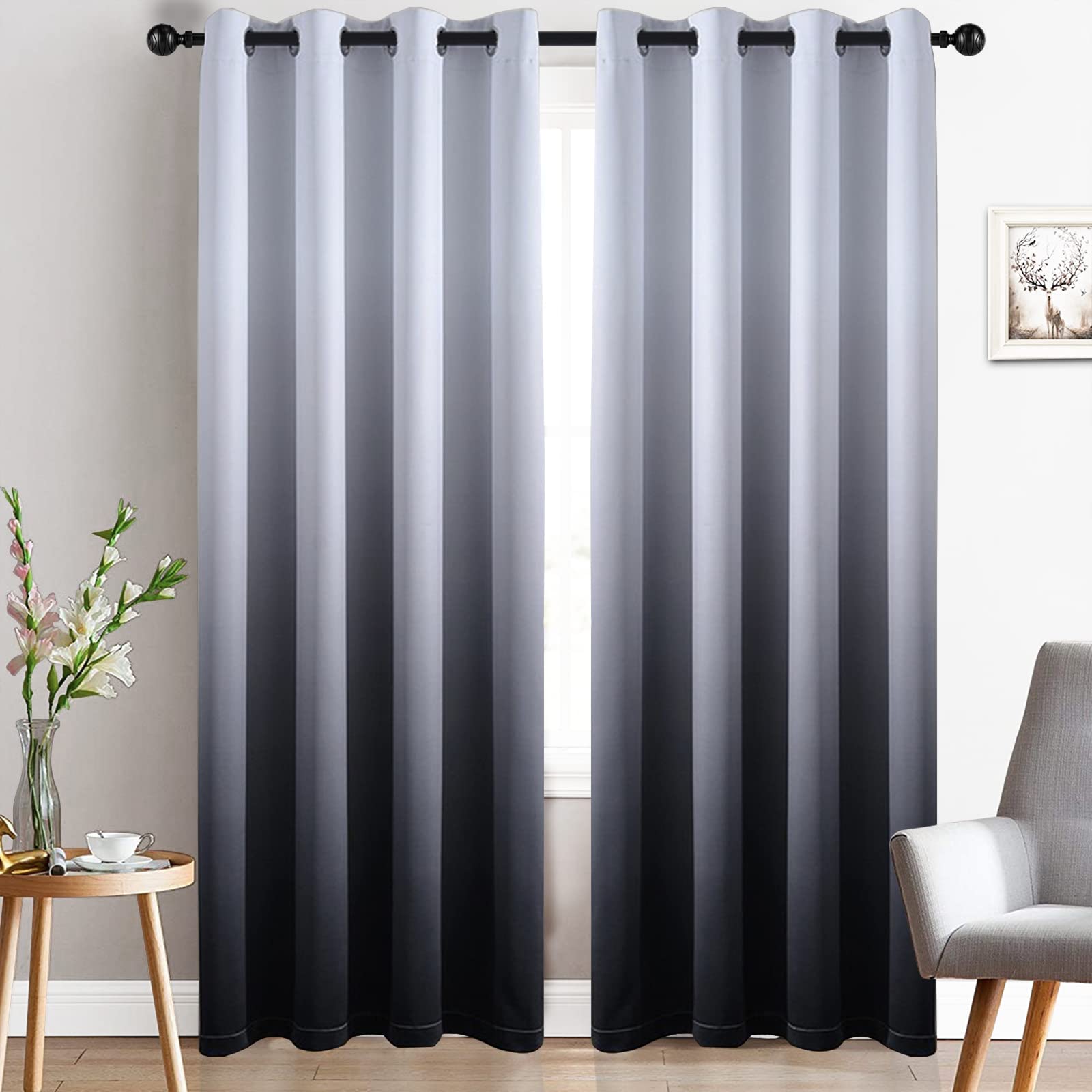 Yakamok Room Darkening Black Gradient Color Ombre Blackout Curtains with Grommet Thickening Polyester Thermal Insulated Window Drapes for Living Room/Bedroom (Black, 2 Panels, 52x84 Inch) — image 1