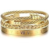 YADOCA 3Pcs Stainless Steel Bracelets for Men Roman Numeral Bangle Bracelet Adjustable Cuff Bracelet Twisted Cable Bracelet Mens Luxury Bracelets Jewelry Gifts Gold/Silver/Black