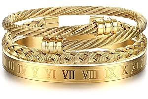 YADOCA 3Pcs Stainless Steel Bracelets for Men Roman Numeral Bangle Bracelet Adjustable Cuff Bracelet Twisted Cable Bracelet Mens Luxury Bracelets Jewelry Gifts Gold/Silver/Black