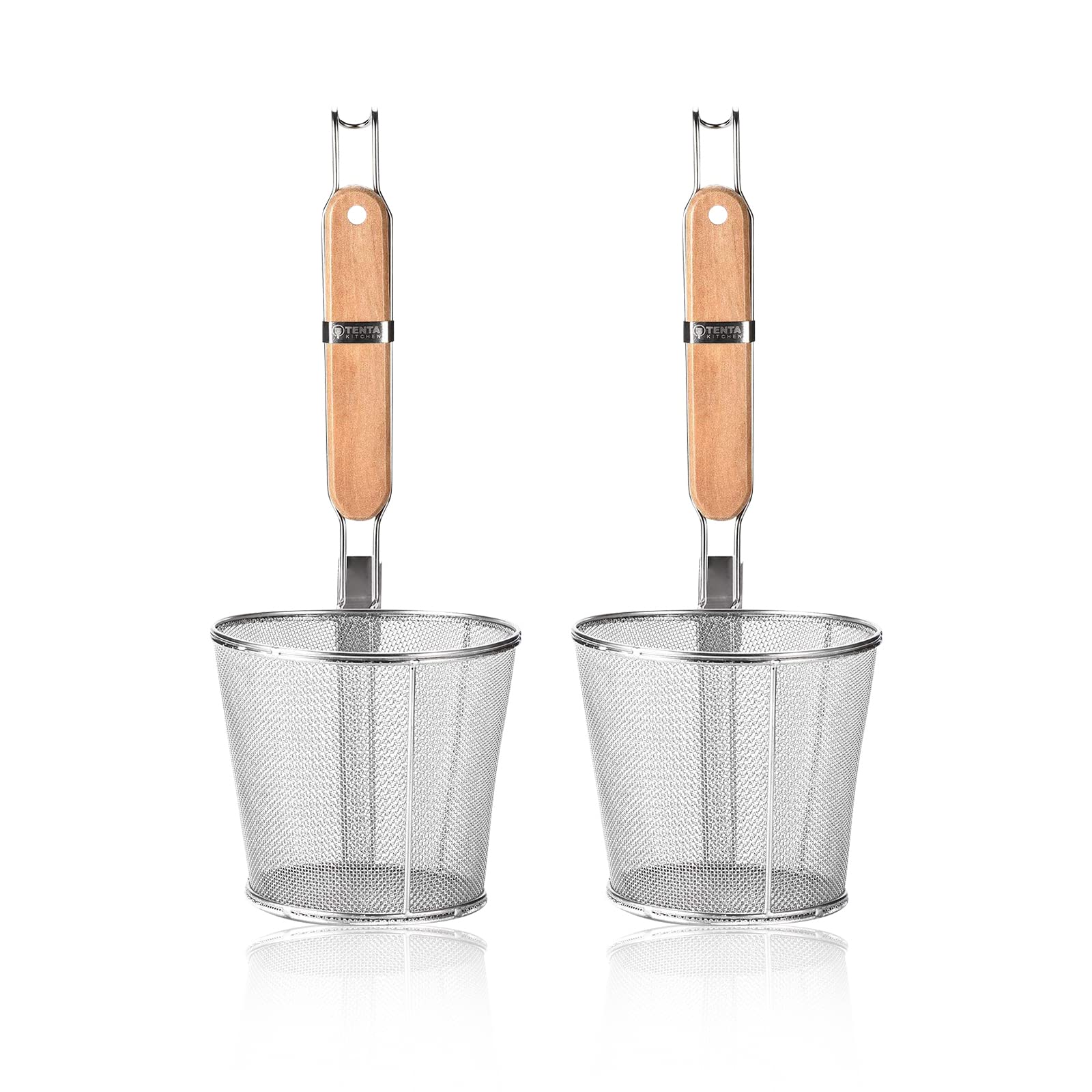 Photo 1 of 2 Pieces Pasta Strainer Basket Stainless Steel Fine mesh Pasta Strainer Basket with Wooden Handle Good For Boiling Food Spaghetti Dumpling (Dia 5.5inch/14cm)