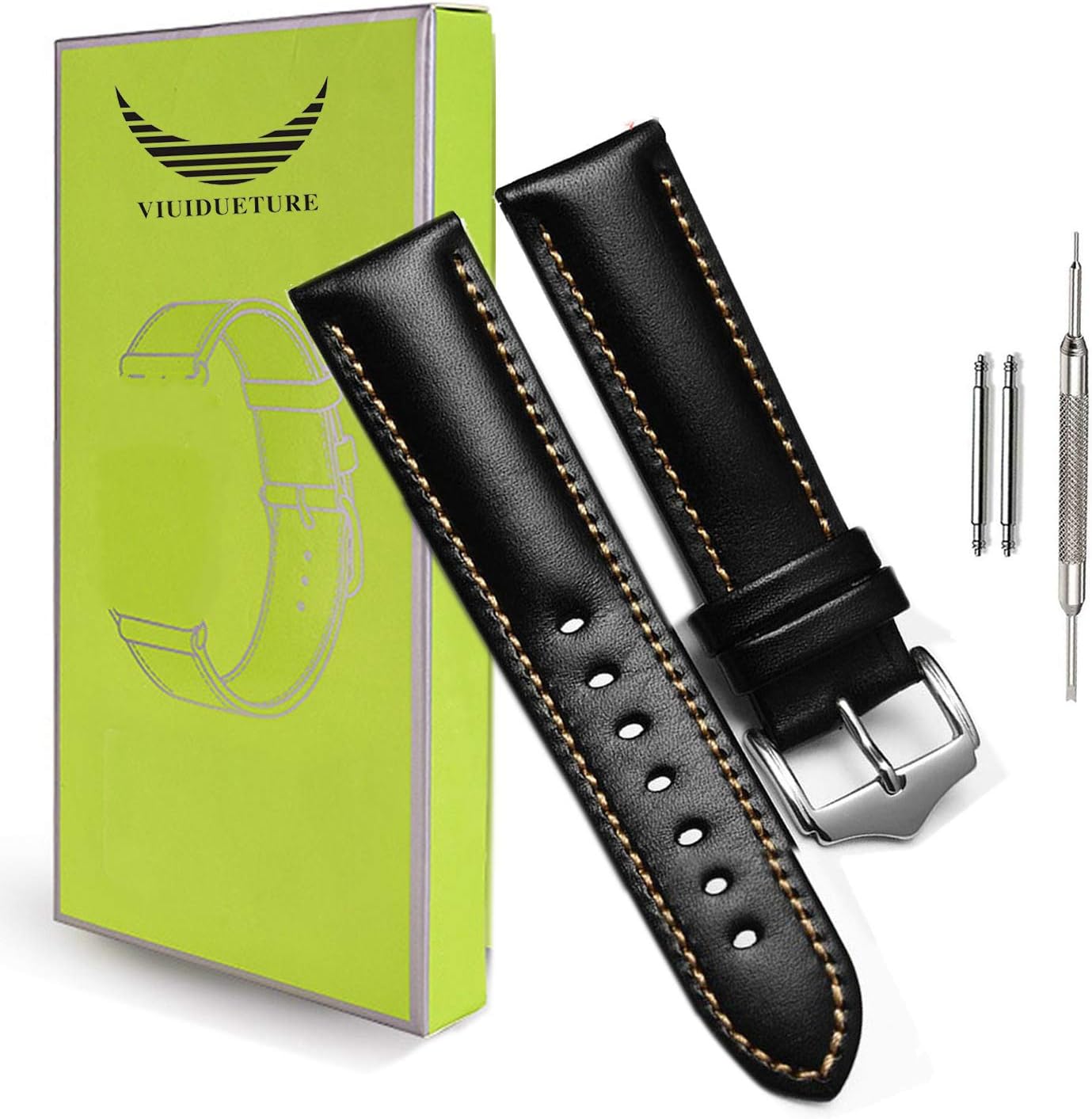 ViuiDueTure 18mm 20mm or 22mm Padded Stitched Soft Calfskin Leather Replacement Watch Band/Strap with Silver Pin Buckle