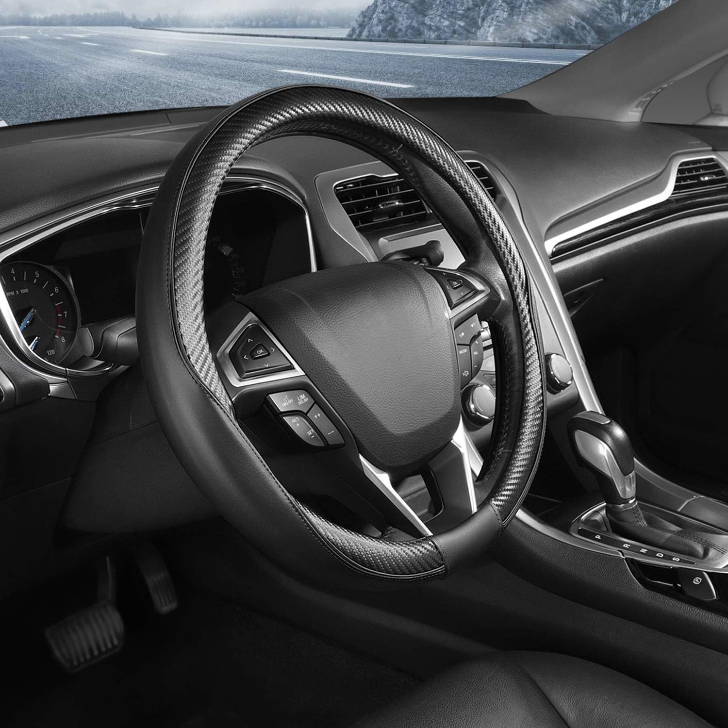 SEG Direct Car Steering Wheel Cover Universal Standard-Size 37-39cm Leather with Carbon Fiber Pattern Black - Image 4