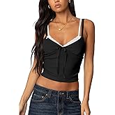 NODHUT Women's Lace Bow Ribbed Spaghetti Strap Tank Top Cute V Neck Camisole Cropped Going Out Tops
