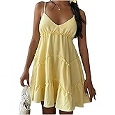 SHENHE Women's Summer Babydoll Dress Spaghetti Strap Tiered Ruffle Swing Flowy Beach Sundress