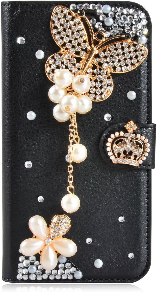 HTC One A9 Case,Gift_Source [Card Slot] [Kickstand Feature] 3D Bling Crystal Handmade Diamond Leather Wallet Magnet Flip Folio Case for HTC One A9 [Black Butterfly]