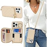 Hamany Crossbody Wallet Case for iPhone 15 Pro Max, PU Leather Zipper Handbag Purse Flip Cover, Kickstand Folio Case with Card Slots Holder Wrist Strap Lanyard 5G 6.7 Inch-White