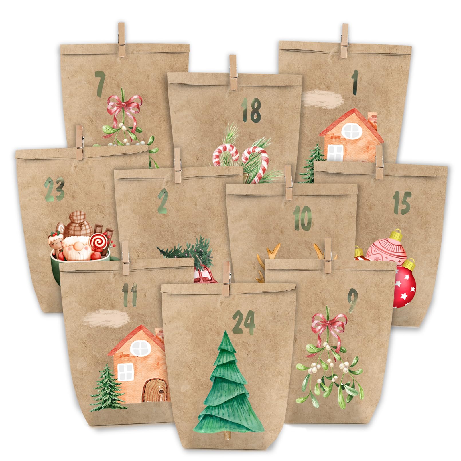 PANSIBY Advent Calendar for Filling, 24 Christmas Calendar Paper Bags for Self-Filling, Gift Kraft Paper Bags Advent Bags in Watercolor for Self-Filling