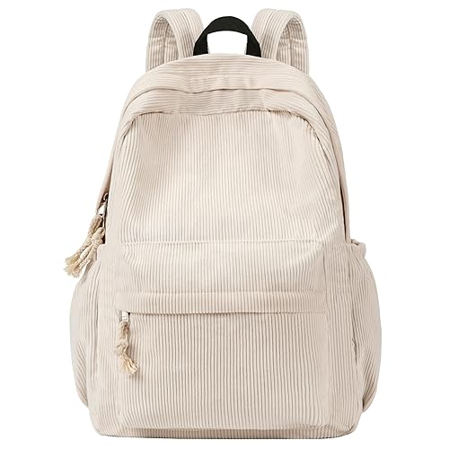 Unineovo School Backpack for Teens Girls, Corduroy Bookbag with 6X Cute Pin Accessories, Lightweight High School College Laptop Bags for Women Travel Daypacks (Beige)