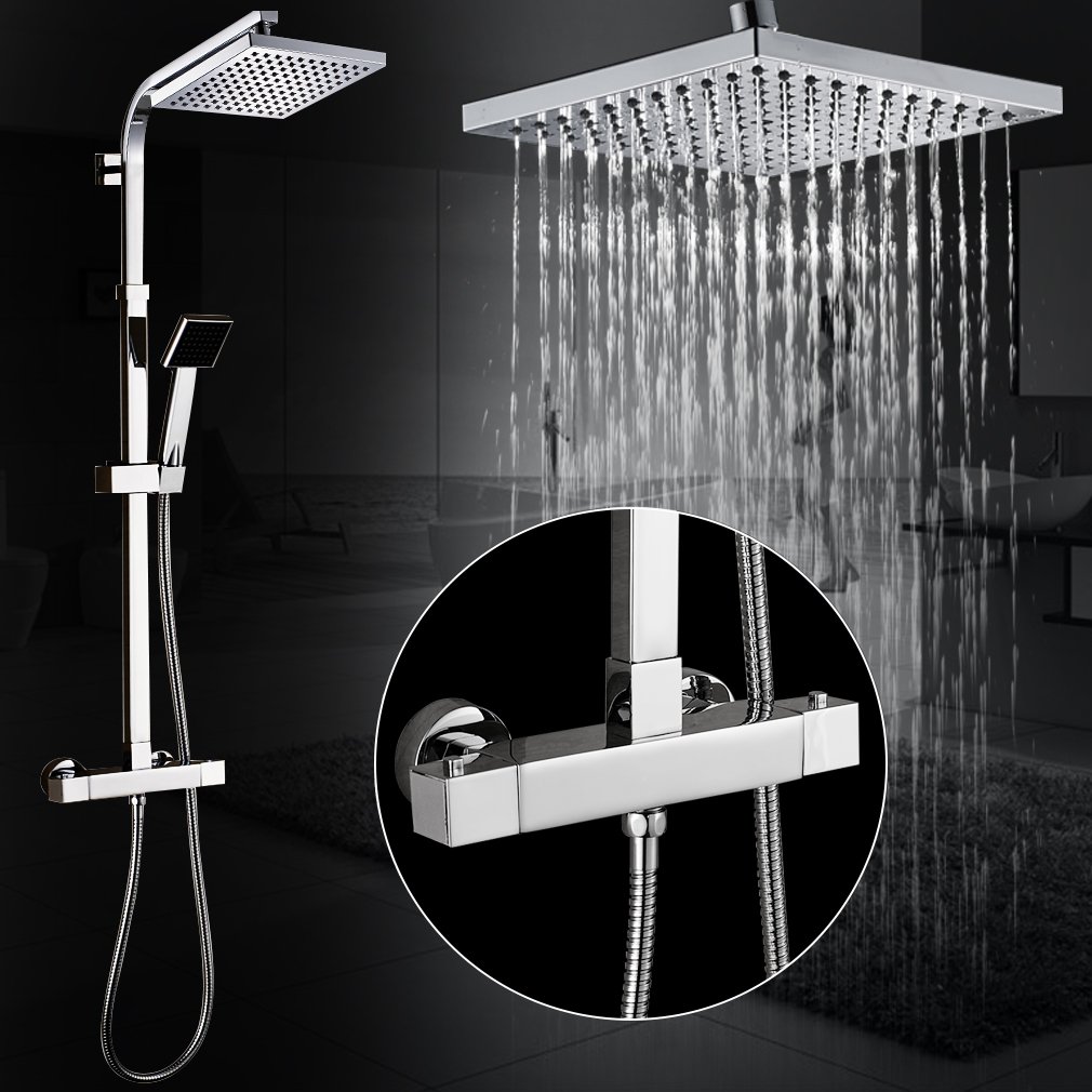 Auralum® Set de Ducha Termostática Cuadrado con Ducha de Lluvia  Ducha